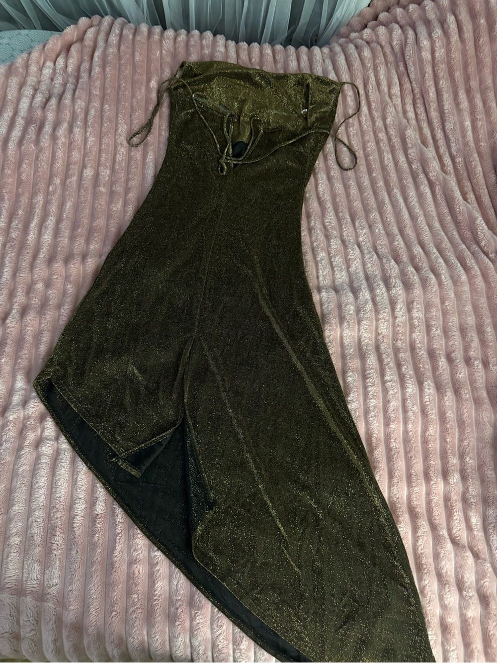 Fashion Nova Olive Green Sparkle Asymmetrical Slip Dress